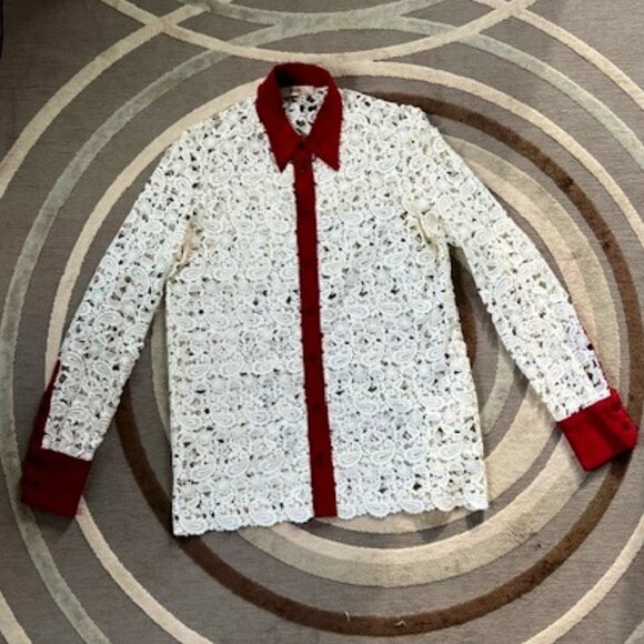 Bally Woman's White Long Sleeve Lace Shirt w/ Red Trim Size 10 Made In Italy - Picture 3 of 14